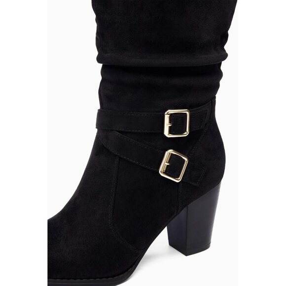 Women Black Mid Knee High Boots Chunky Heel Slouchy Metal Buckle Winter Shoes - Picture 2 of 5